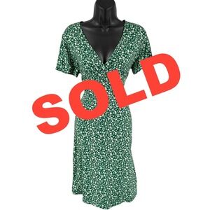 Green Floral Faux Wrap Midi Dress Short Sleeve Flowy Large